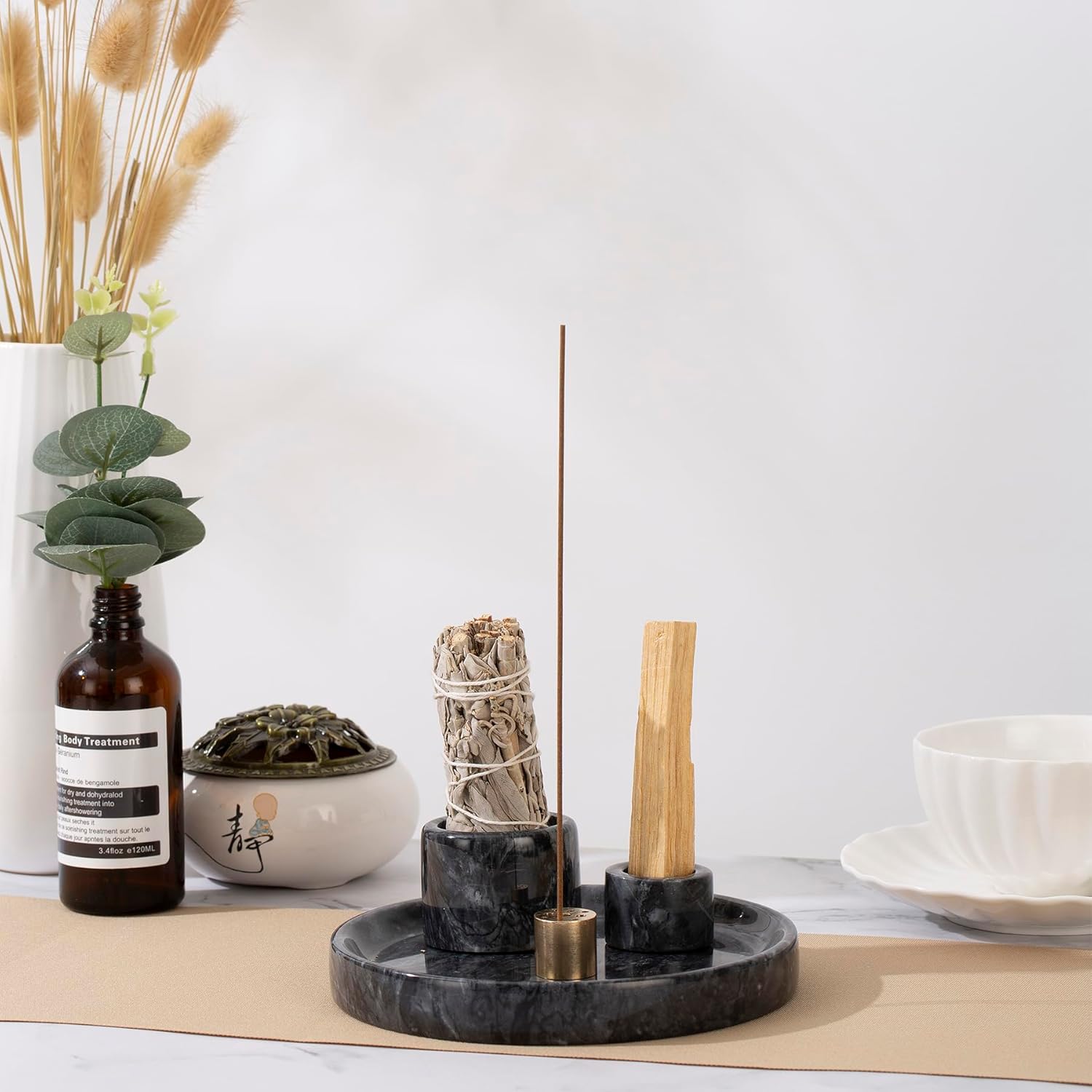 4 in 1 Natural Marble Incense Holder with 9 Holes - Black