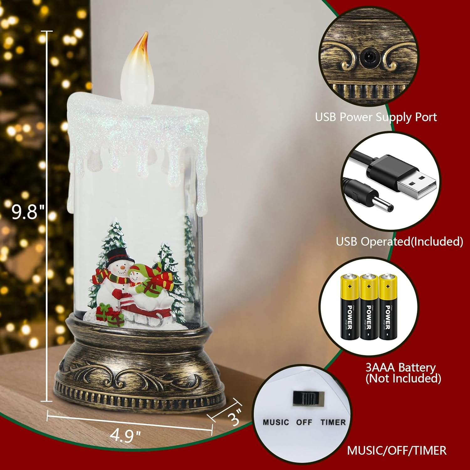 Wondise Rechargeable Snow Globe Lamp with Music and 6H Timer
