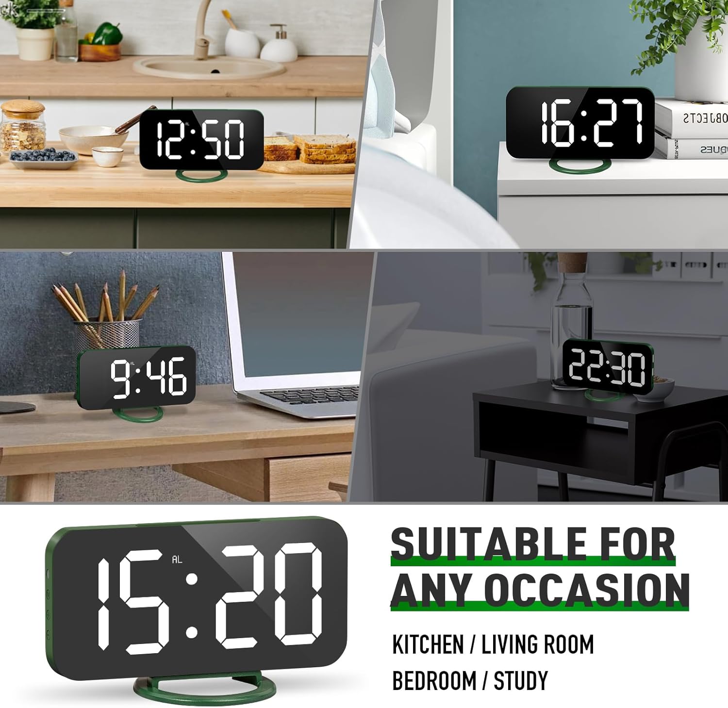 WulaWindy Digital Alarm Clock with USB Charger and Large Mirror