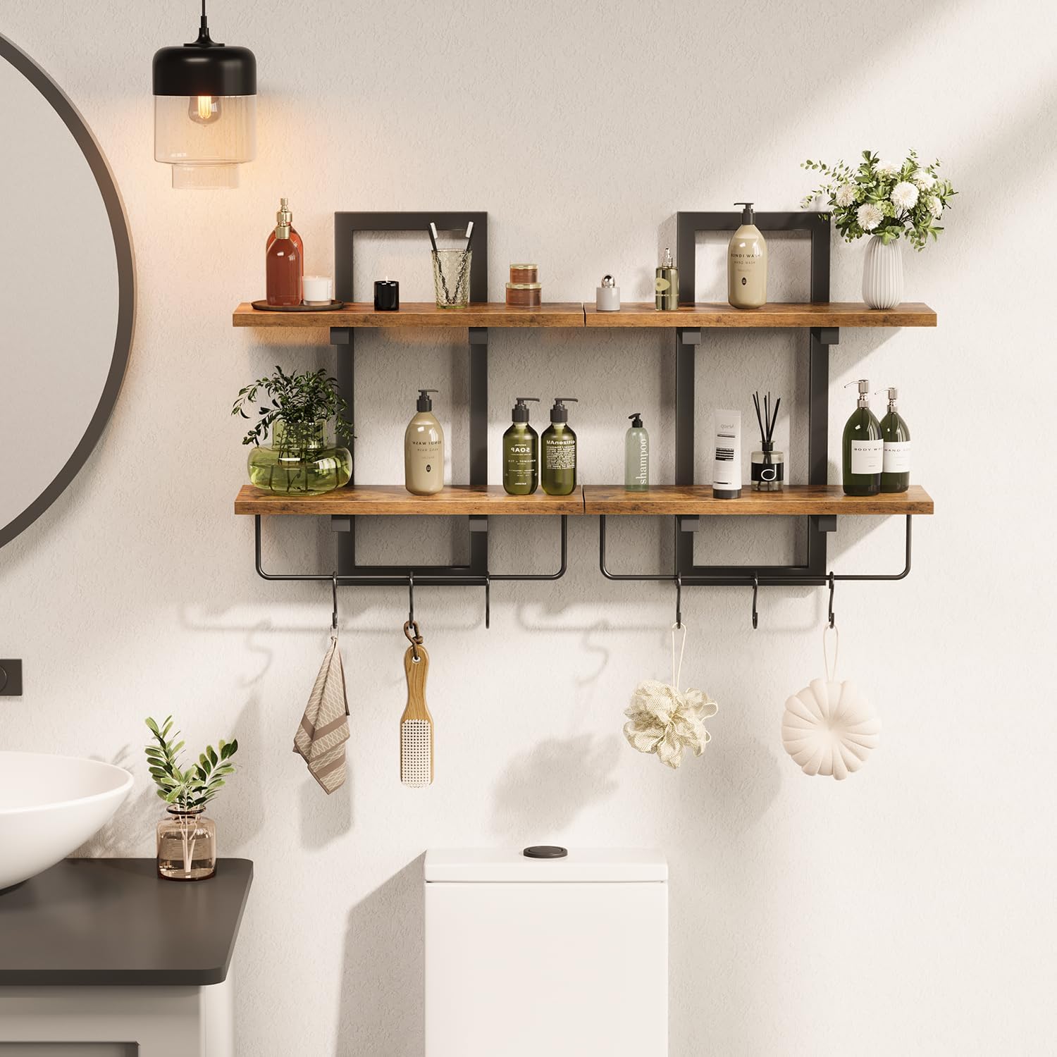 2 Tier Floating Shelves for Wall with Hooks