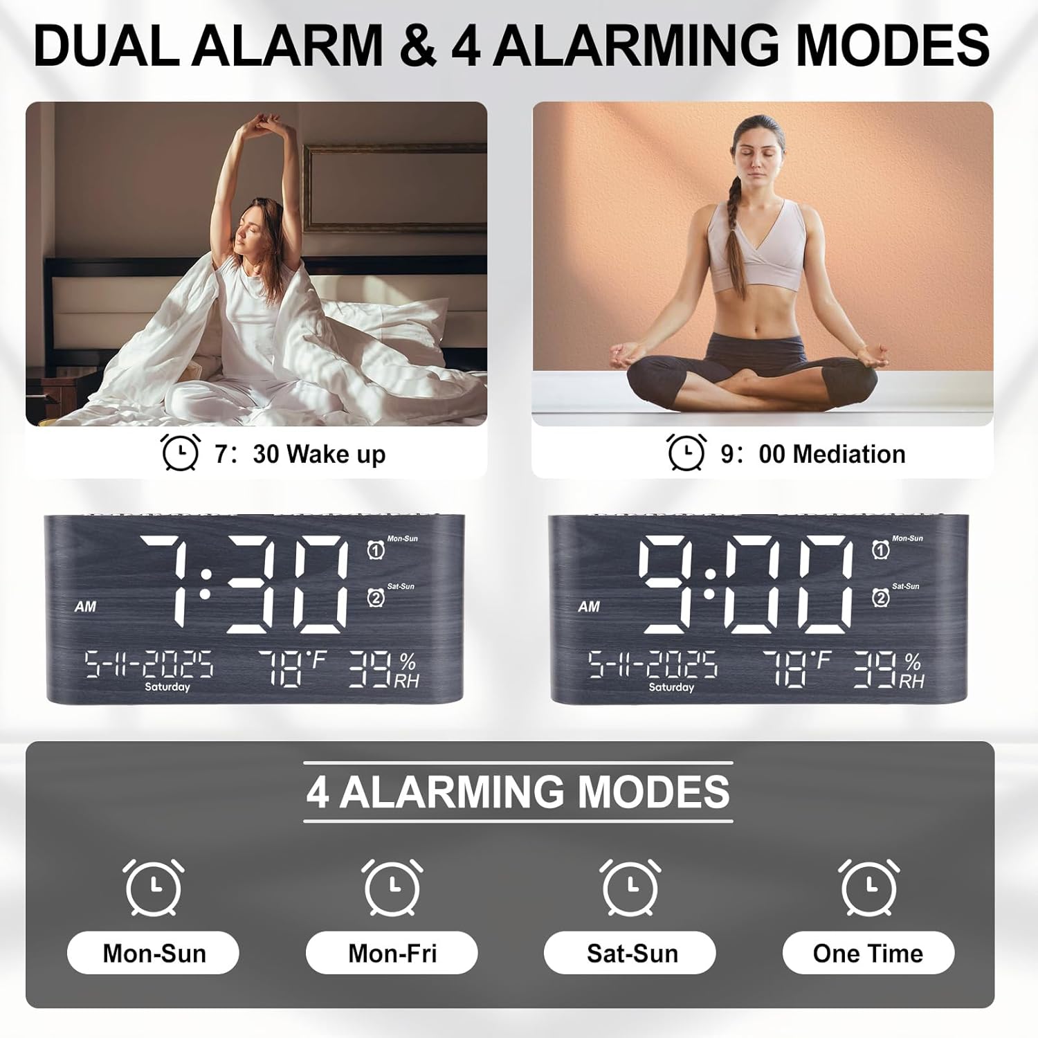 PPLEE 87 Inch Digital Alarm Clock with Temperature Humidity and USB Charging