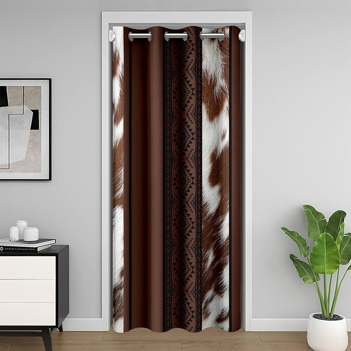 Rustic Farmhouse Door Curtain with Cow Skin Print