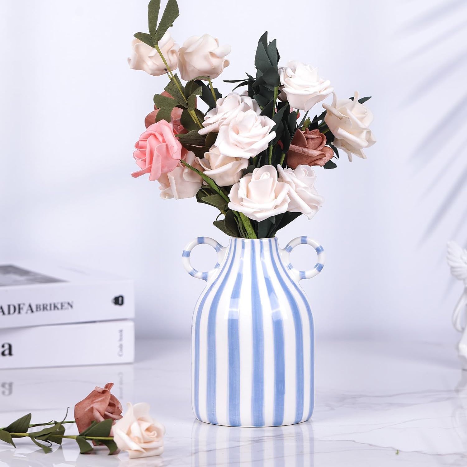 Ceramic Blue and White Striped Vase with Handle