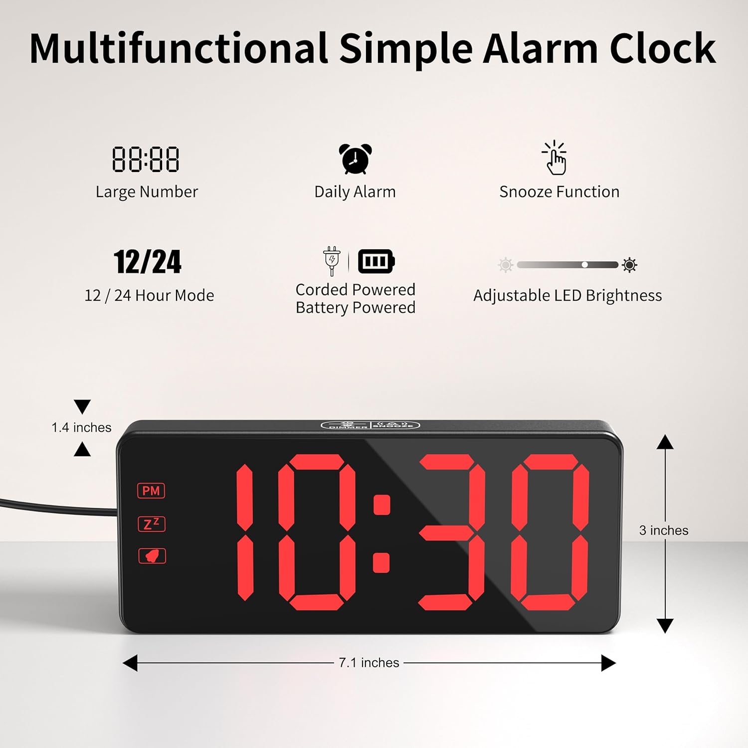 Kwanwa Digital Alarm Clock with Backup Battery and 59 Inch UL-Certified Charger