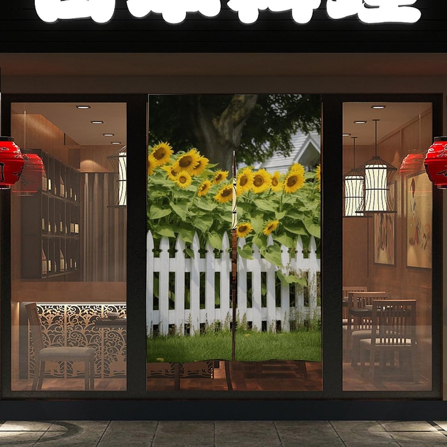 Sunflowers White Picket Fence Door Curtain 57x17 Inches