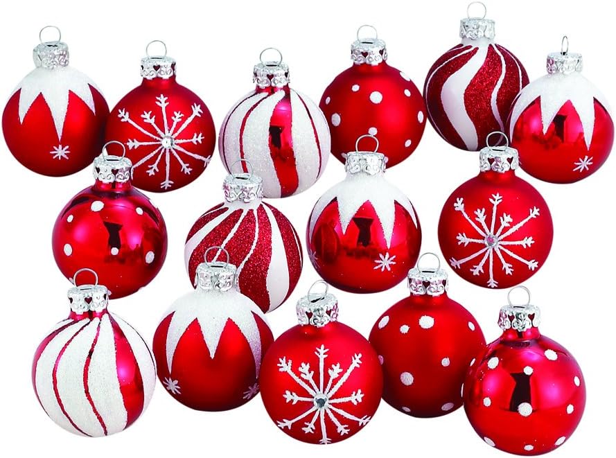 Kurt S Adler 157-Inch Red White Glass Ball Ornament Set of 15