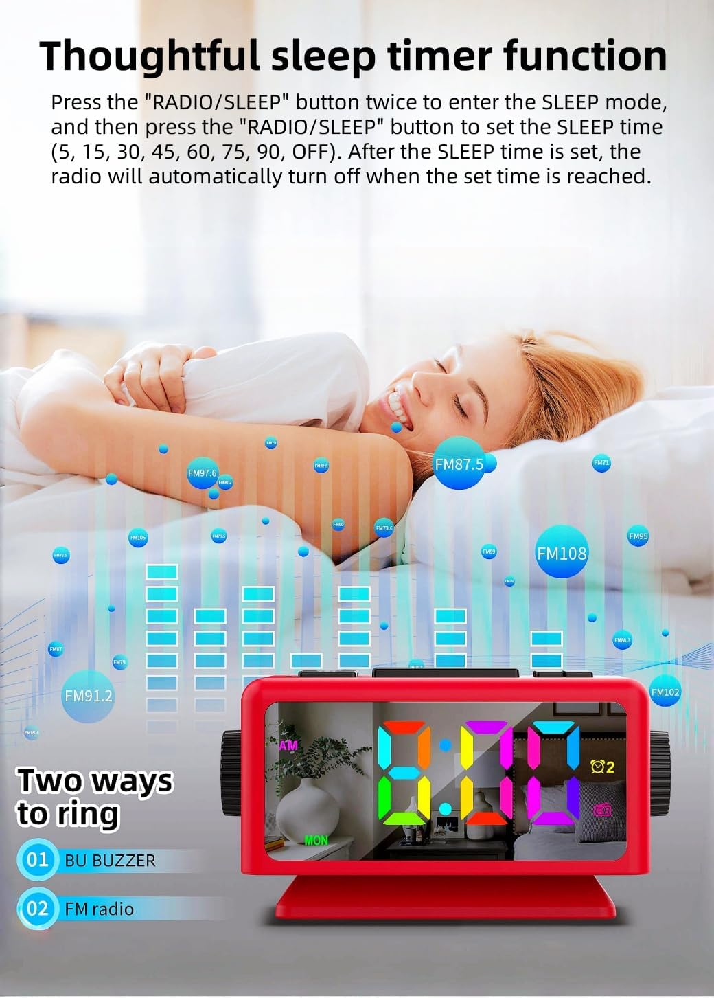 YHFITN RGB Alarm Clock with Perpetual Calendar and FM Radio