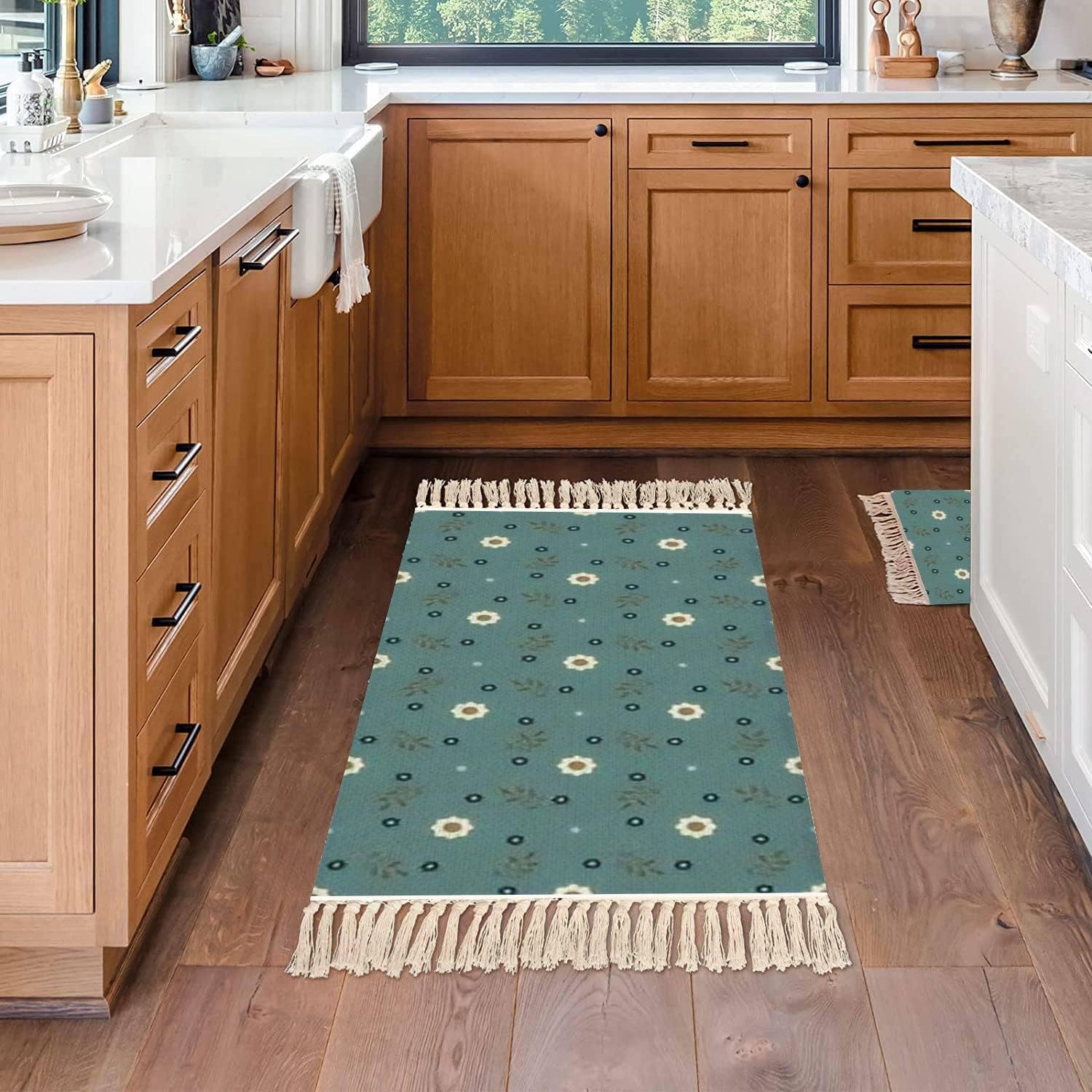 Boho Kids Bedroom Playroom Rug with Tassels and Flowers