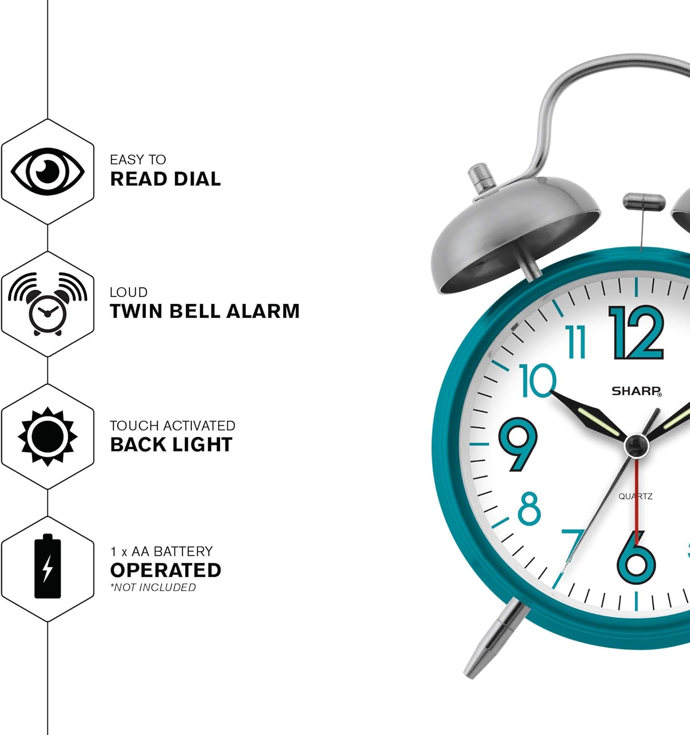 Sharp SPC851 Twin Bell Alarm Clock Teal