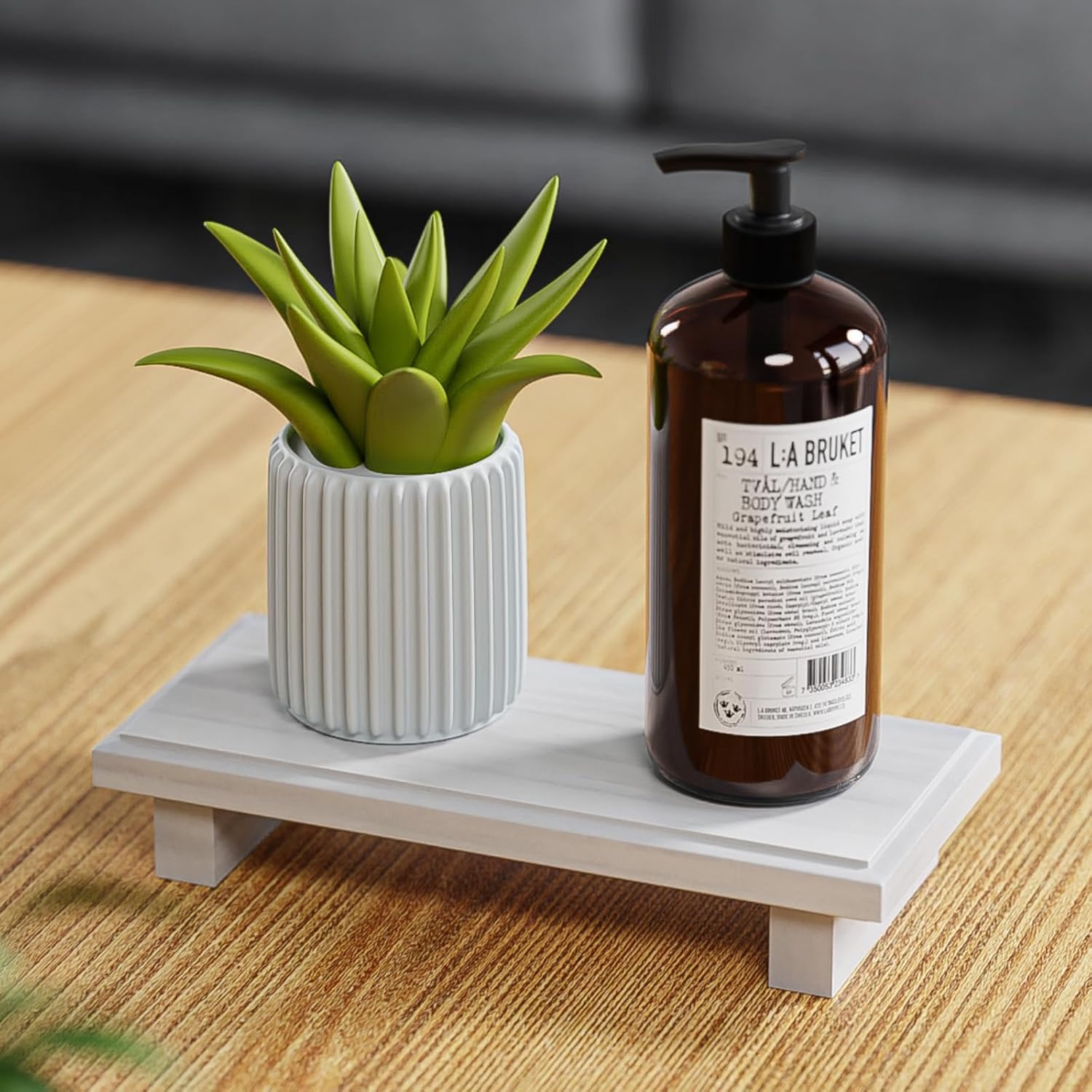 White Wooden Tray Pedestal Stand Farmhouse Decor