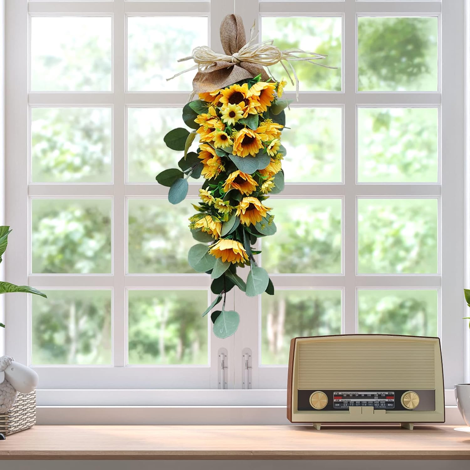 24in Artificial Sunflowers Teardrop Wreath with Burlap Bow