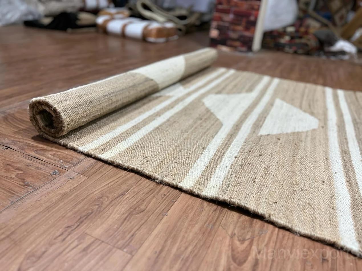White Striped Jute Runner Rug - Custom Size Diamond Pattern