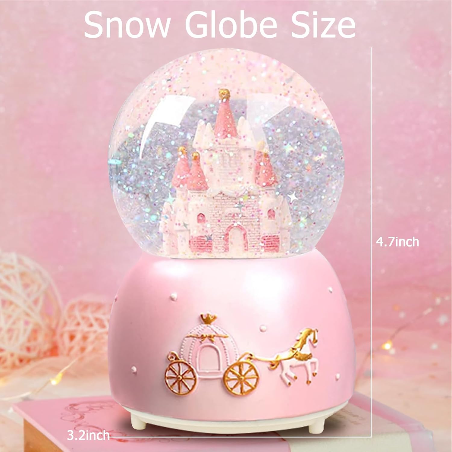 Cevly Castle Snow Globe Music Box with LED Lights Pink