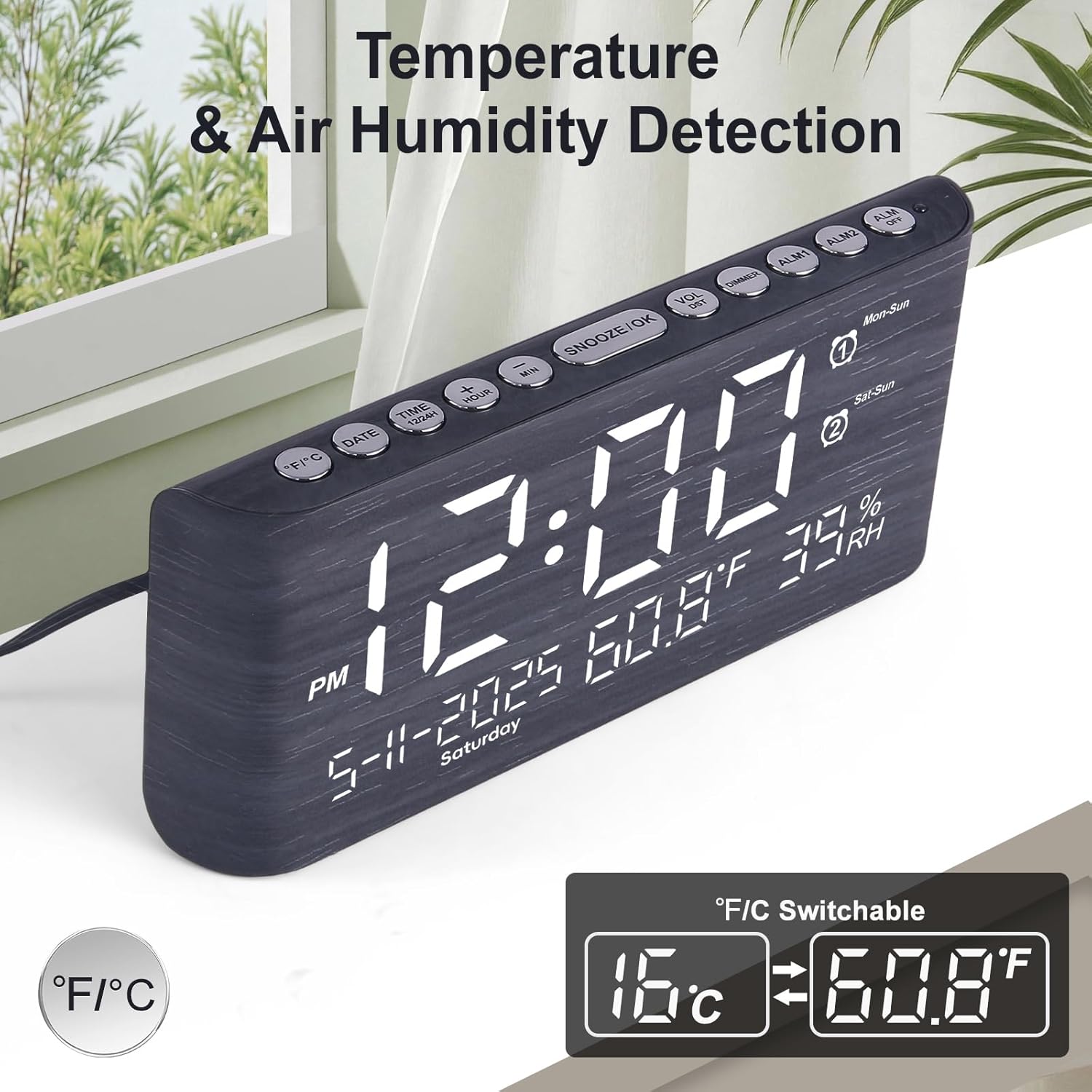 PPLEE 87 Inch Digital Alarm Clock with Temperature Humidity and USB Charging