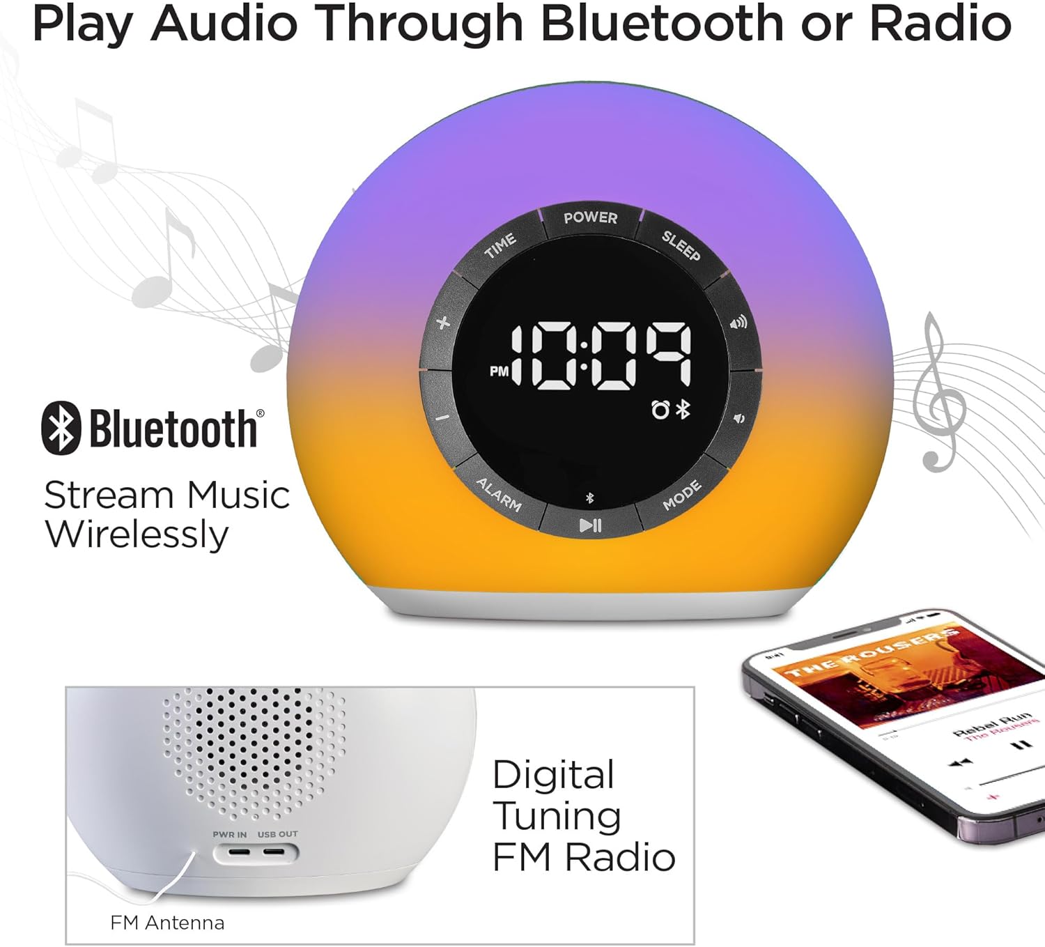 iHome Sunrise Alarm Clock Radio with Bluetooth Speaker and USB Charging