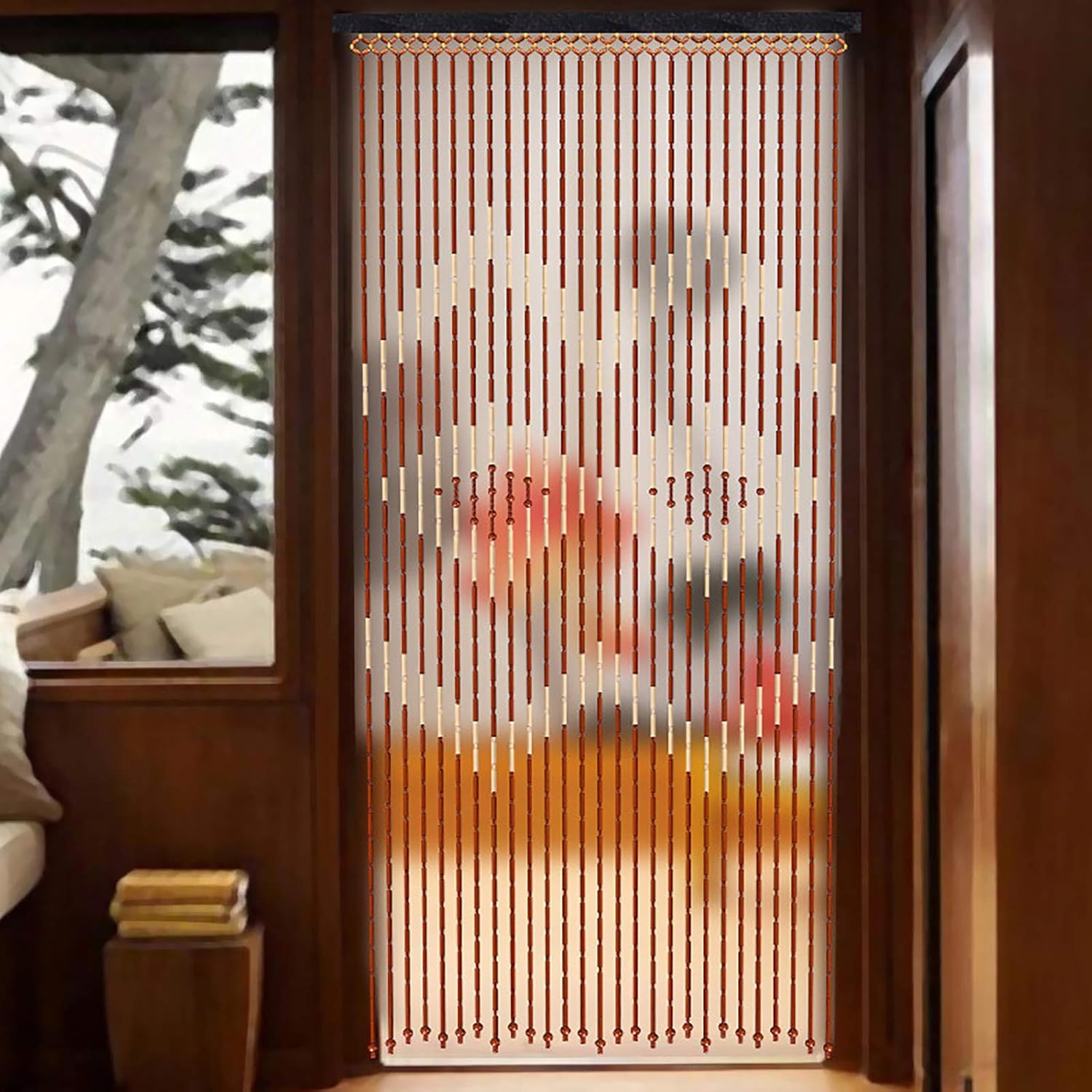Wooden Bead Door Curtain with Jagged Pattern 27 Lines