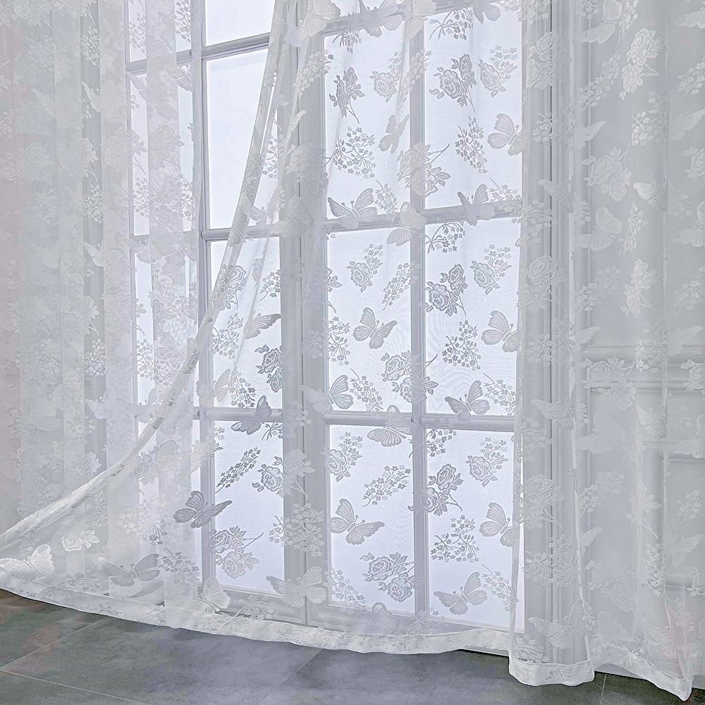 White Butterfly Embroidery Sheer Curtain Panel for Door Window Hanging