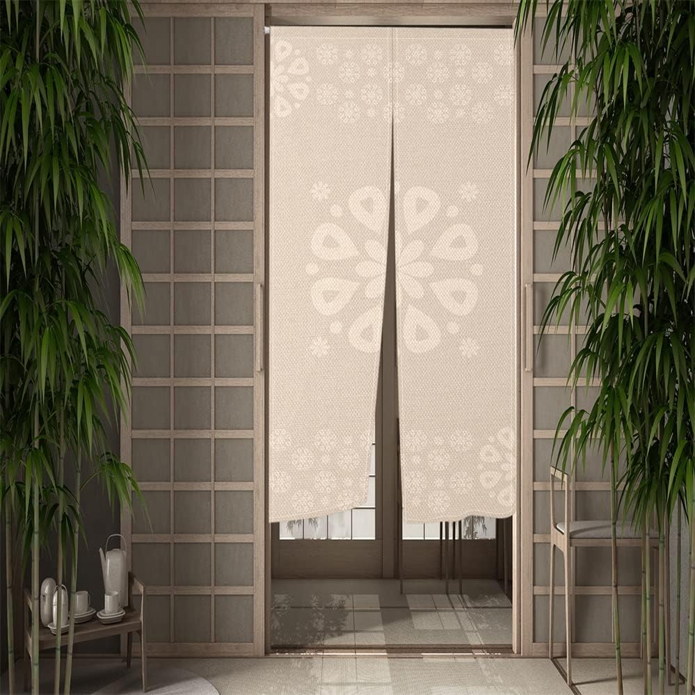 Leowefowa Japanese Noren Curtain with Flowers Print Beige