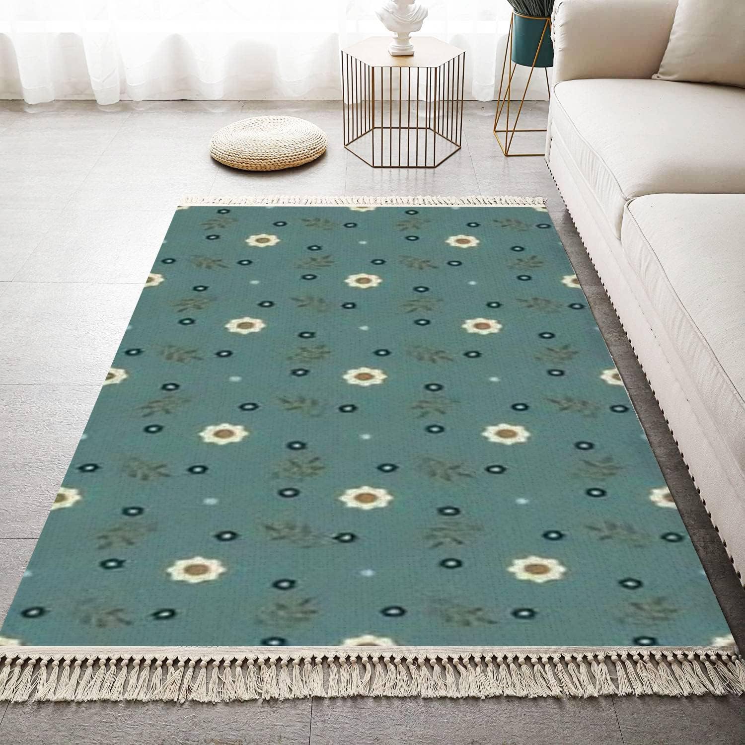Boho Kids Bedroom Playroom Rug with Tassels and Flowers