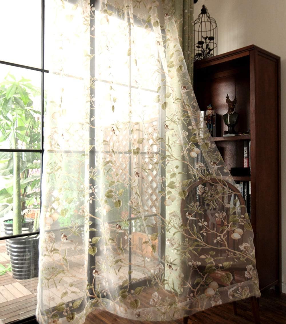 PureAqu Floral Birds Rod Pocket Panel Curtain