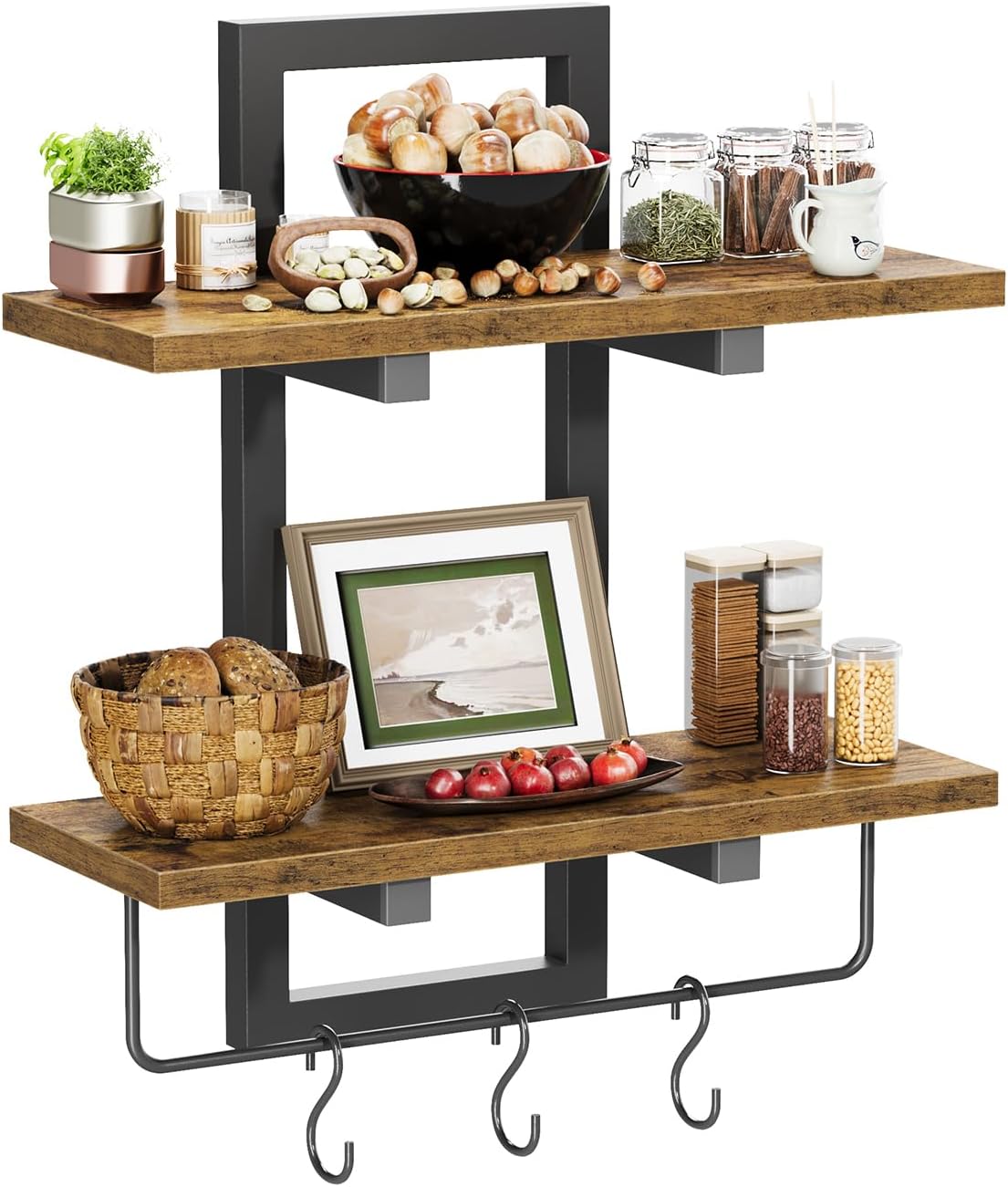 2 Tier Floating Shelves for Wall with Hooks