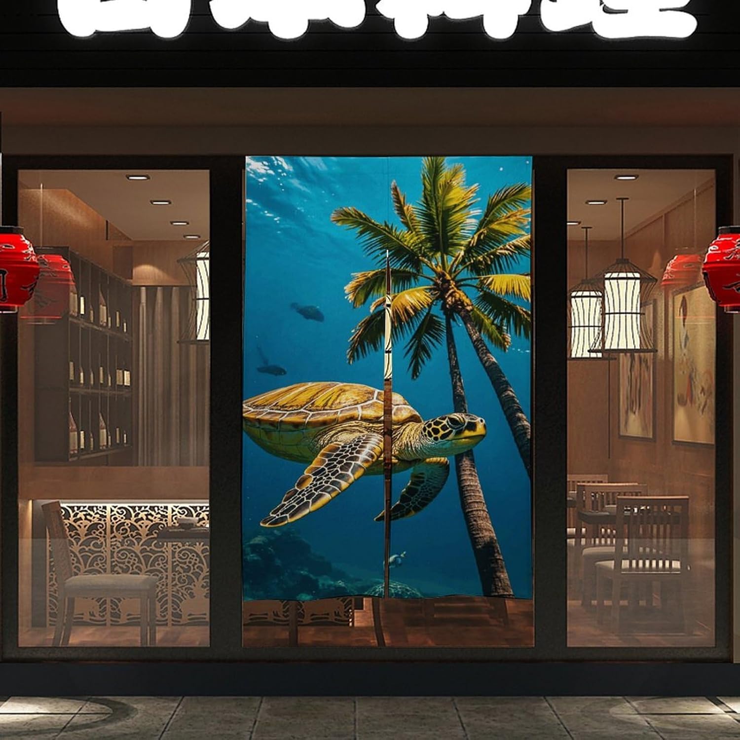Palm Trees and Sea Turtles Diving Underwater Door Curtain 57x17 Inches