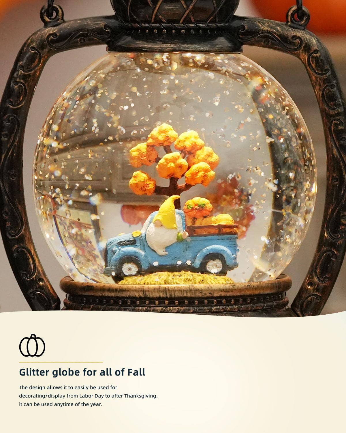 Fall Snow Globes Blue Truck Pumpkin and Gnome Scene Snow Globe Lantern