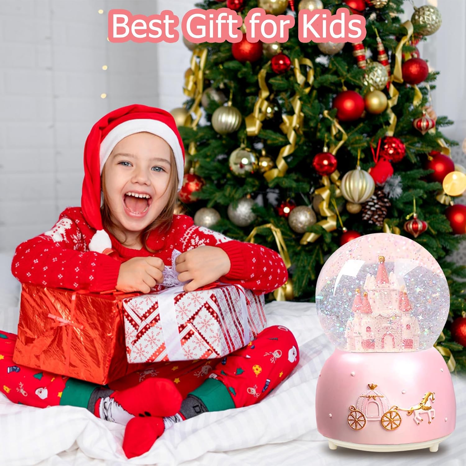 Cevly Castle Snow Globe Music Box with LED Lights Pink