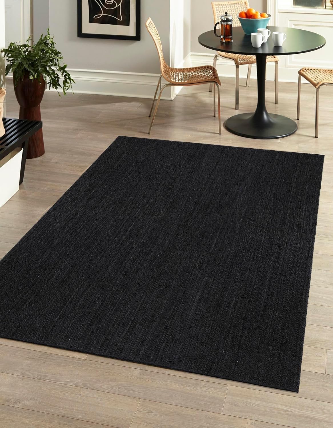Pure Black Jute Area Rug 3x10 Feet for Living Room