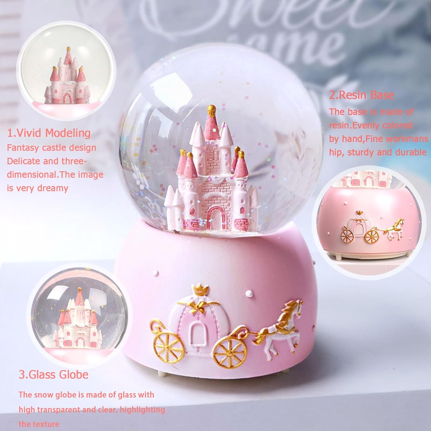 Cevly Castle Snow Globe Music Box with LED Lights Pink