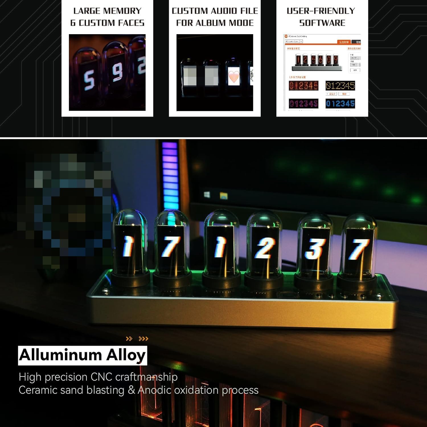 Retro Nixie Tube Clock with RGB Display and Aluminum Base