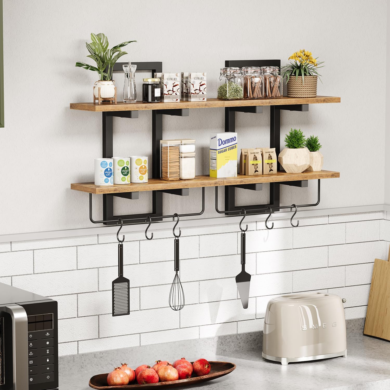2 Tier Floating Shelves for Wall with Hooks
