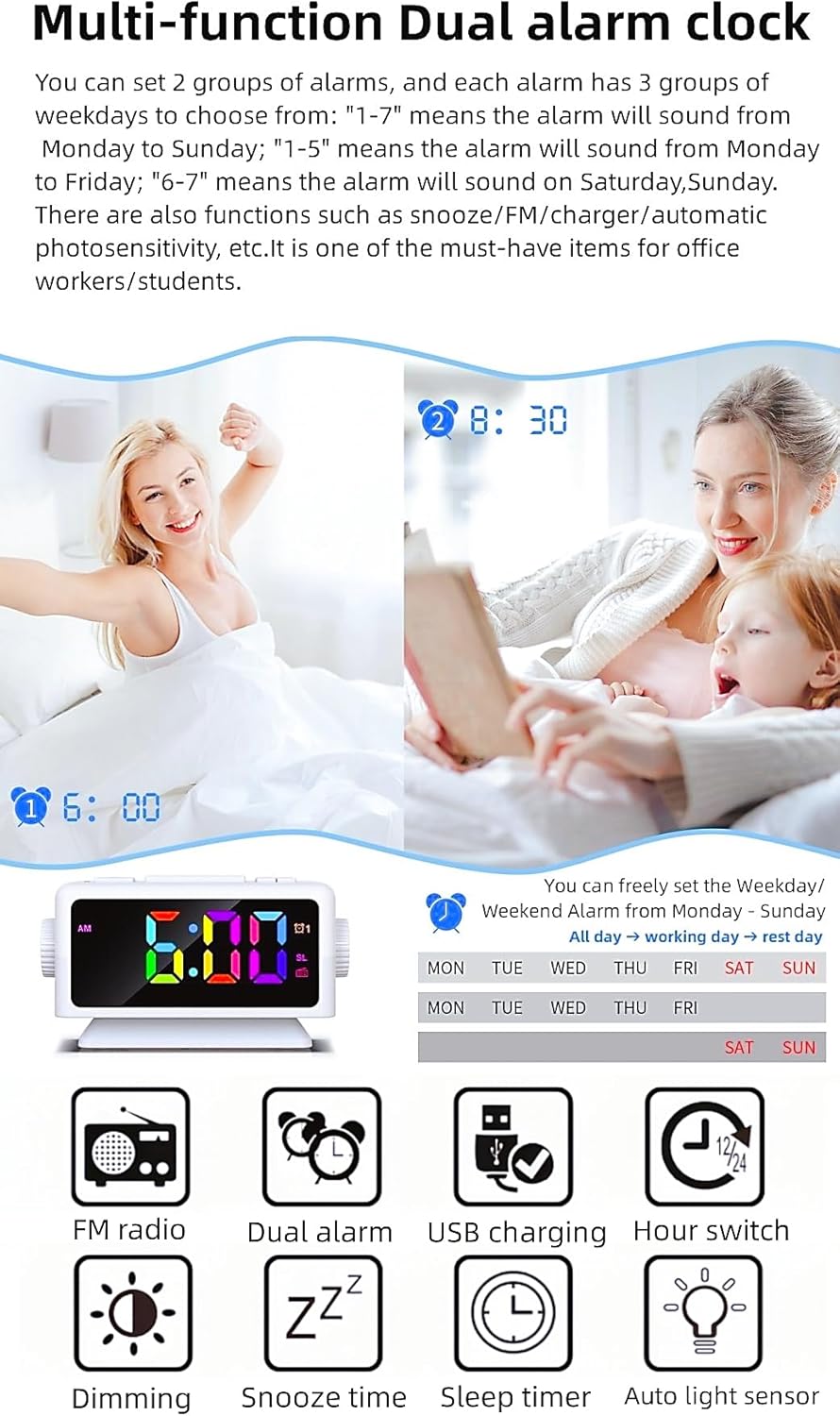 YHFITN RGB Alarm Clock with Perpetual Calendar and FM Radio