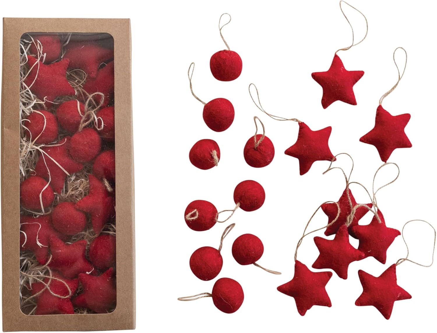 Creative Co Op Red Wool Felt Ball and Star Ornaments Set of 18