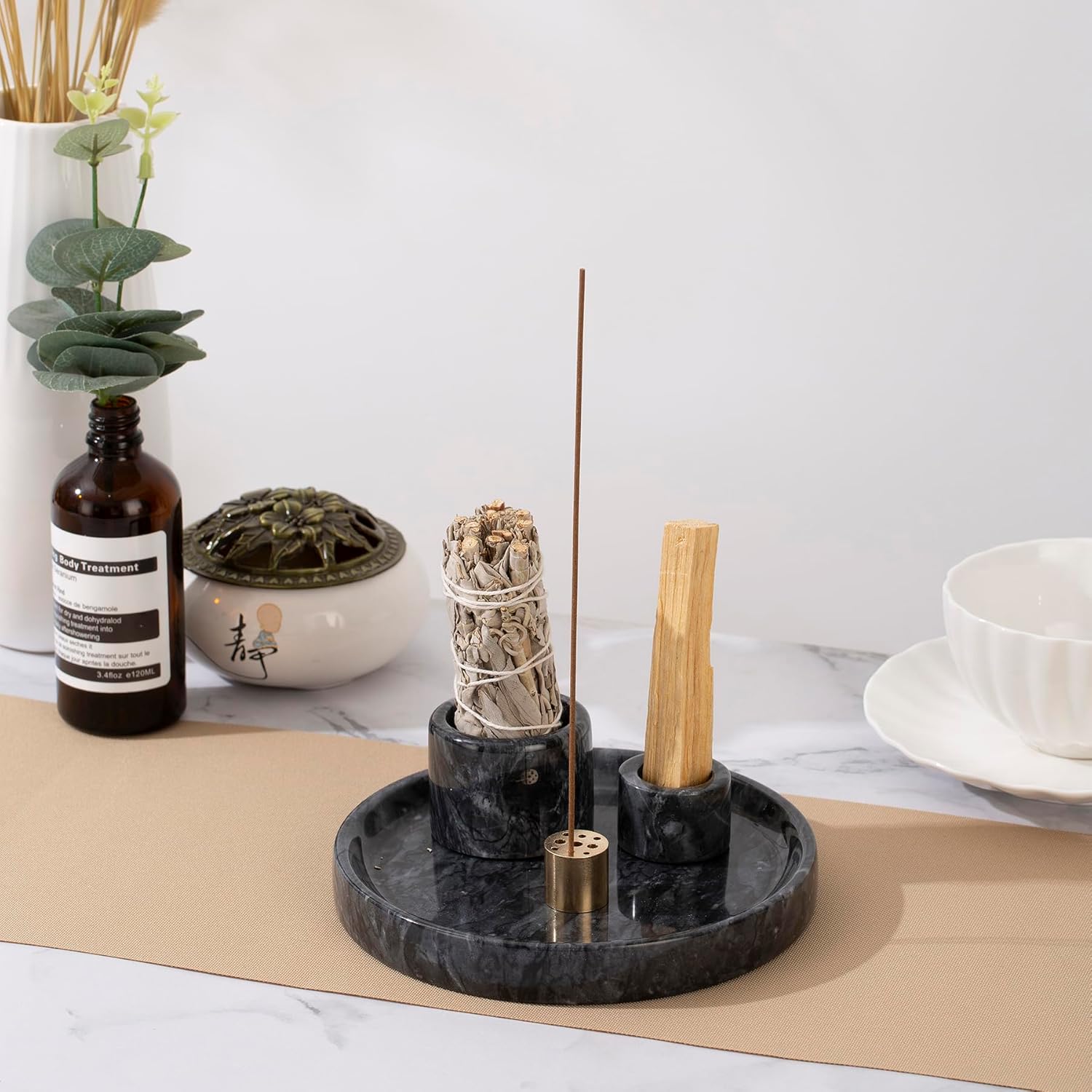 4 in 1 Natural Marble Incense Holder with 9 Holes - Black