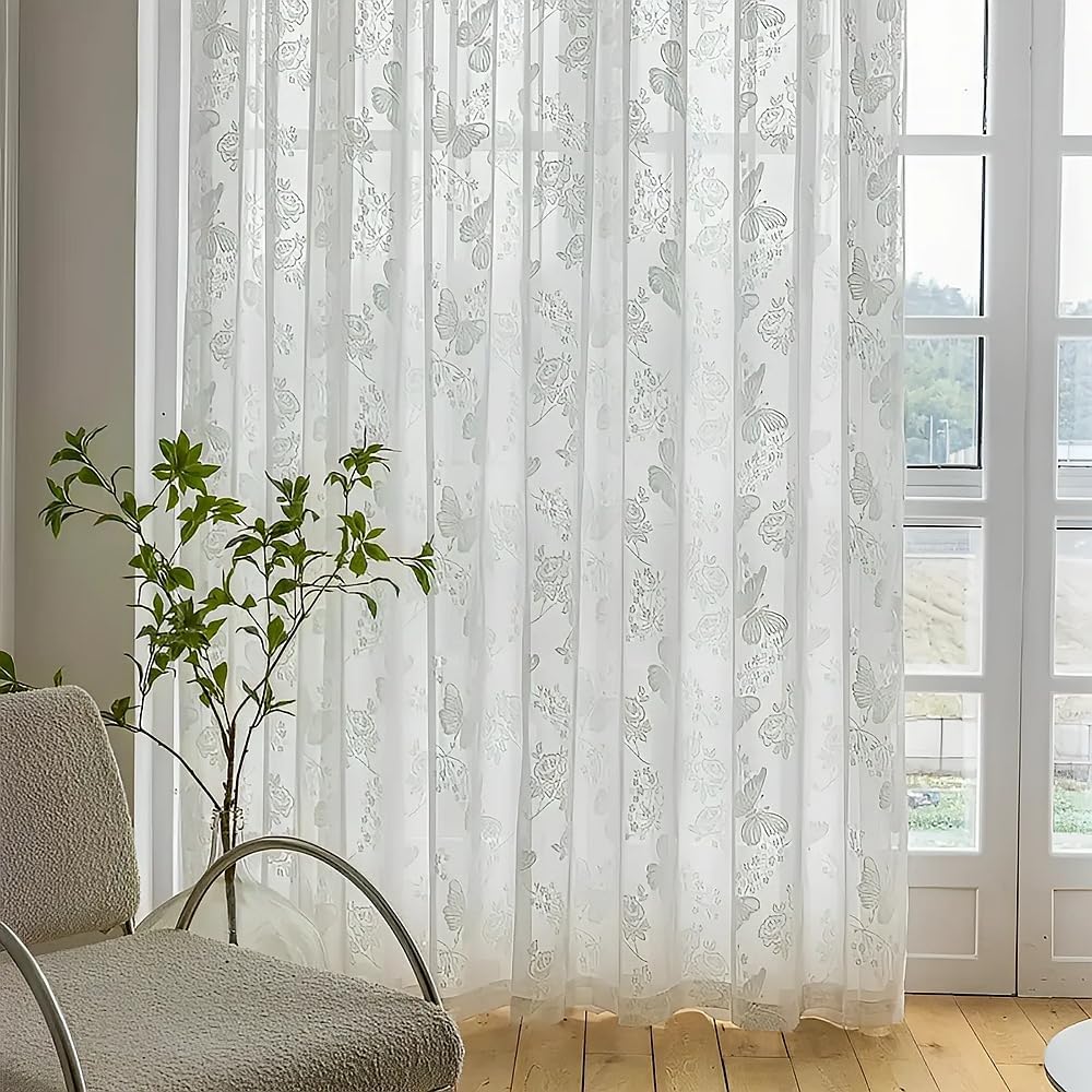 White Butterfly Embroidery Sheer Curtain Panel for Door Window Hanging
