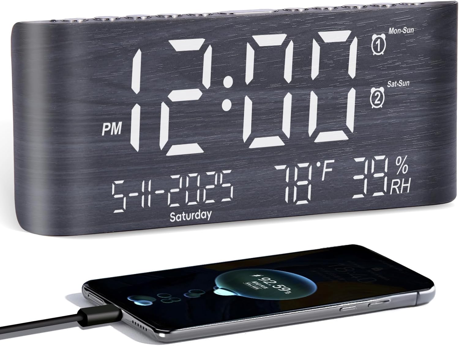 PPLEE 87 Inch Digital Alarm Clock with Temperature Humidity and USB Charging