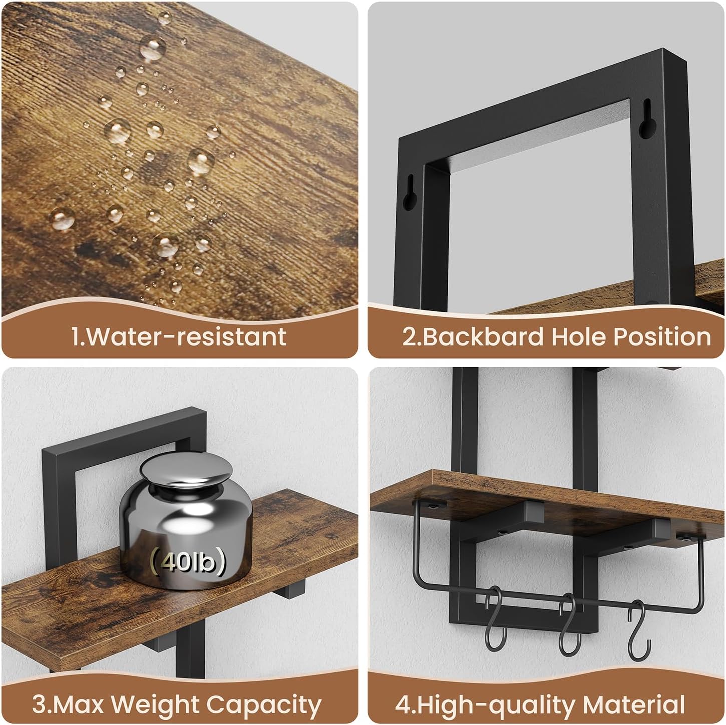 2 Tier Floating Shelves for Wall with Hooks