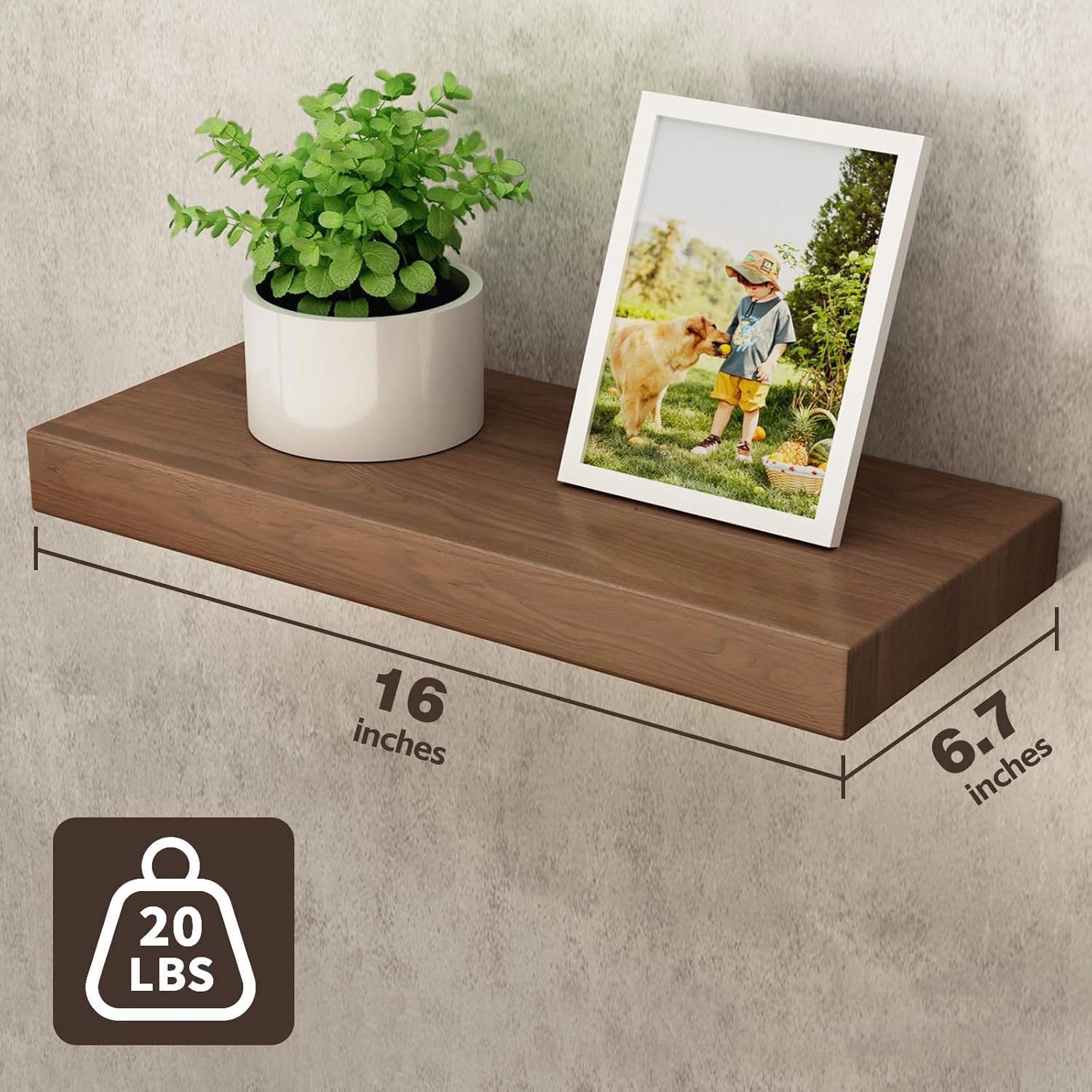 Wide Solid Wooden Floating Shelves 2 Pack Walnut 16 Inch