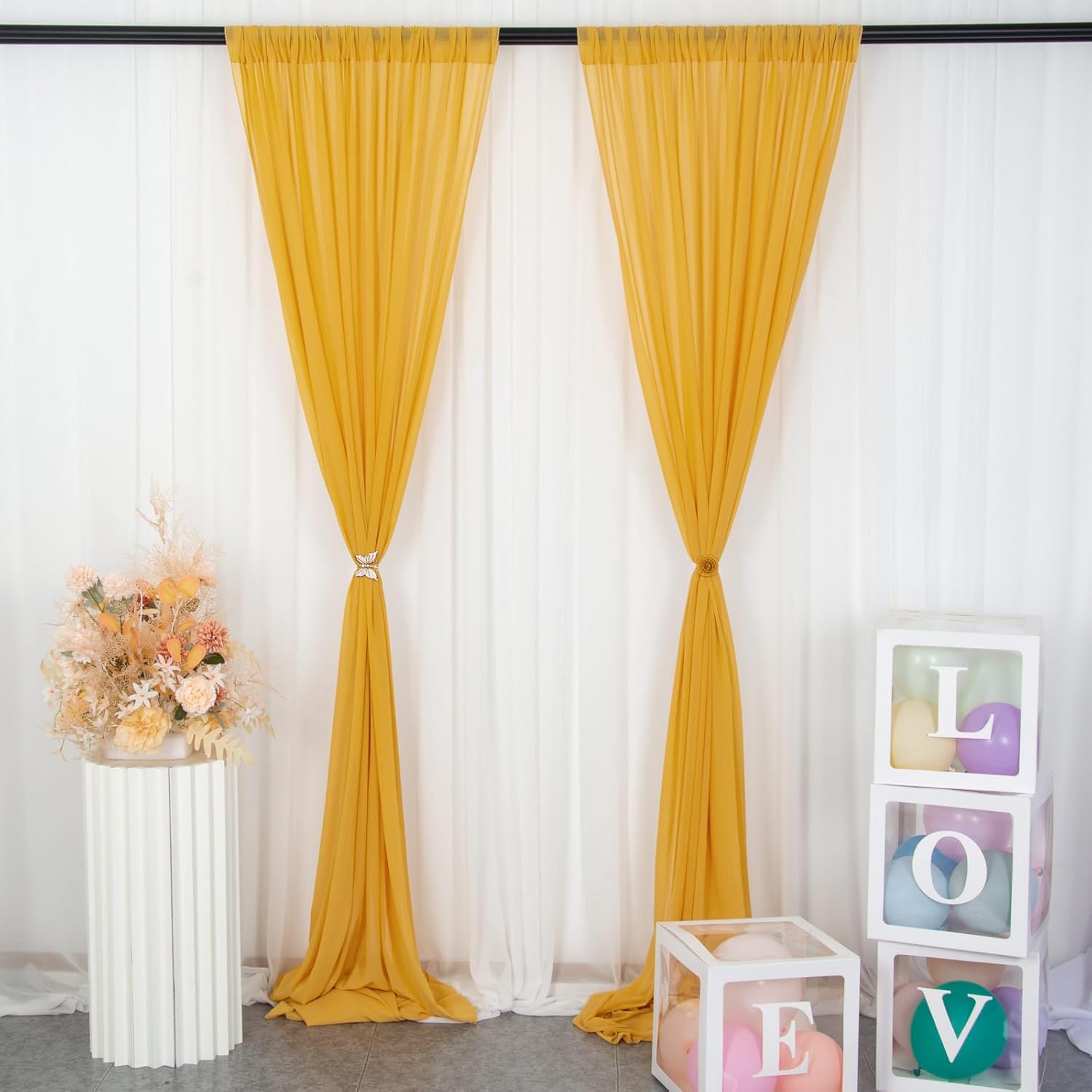 ShinyBeauty Gold Chiffon Curtain Panels 29x96 2PCS