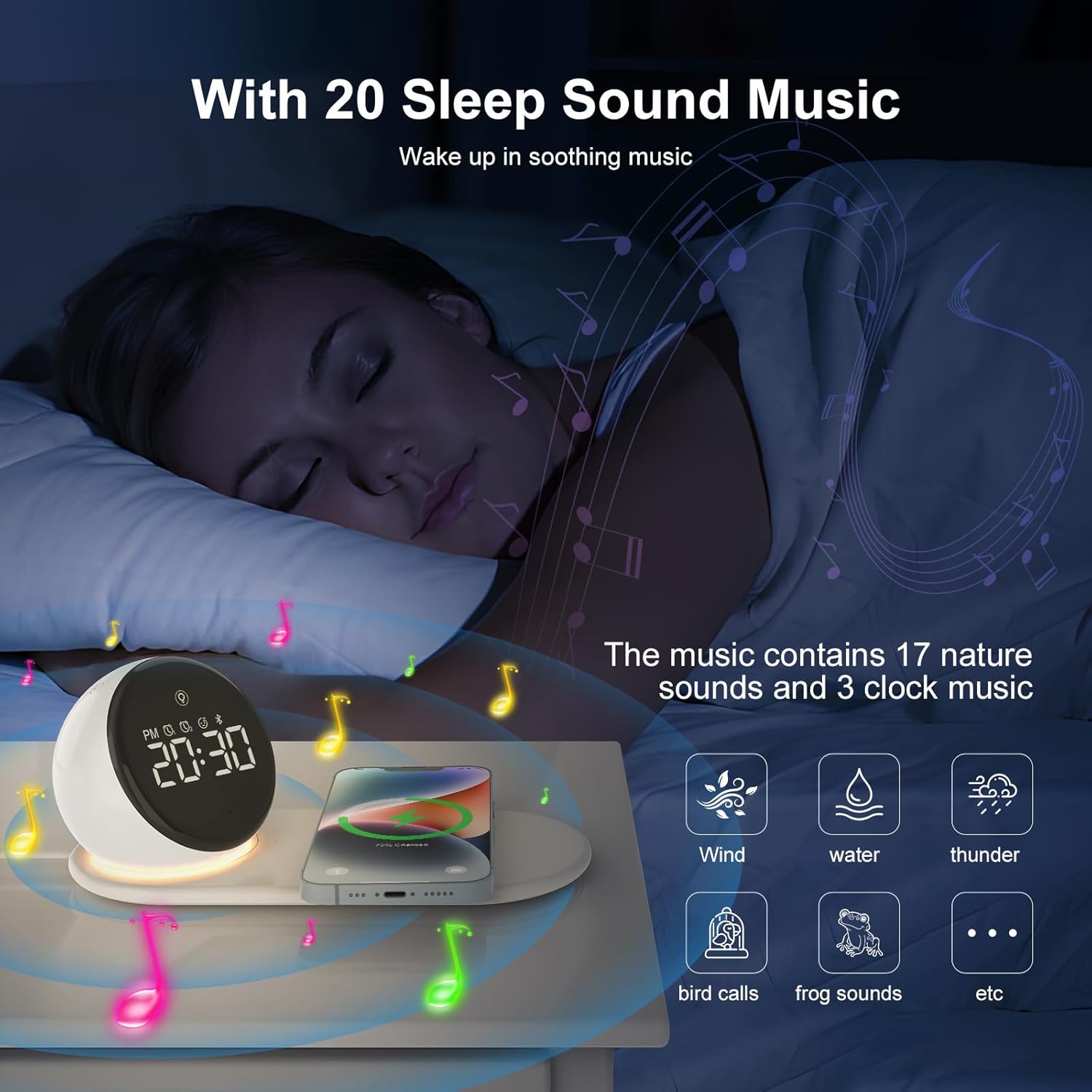 Doopo 5-in-1 Alarm Clock with Wireless Charging and Night Light