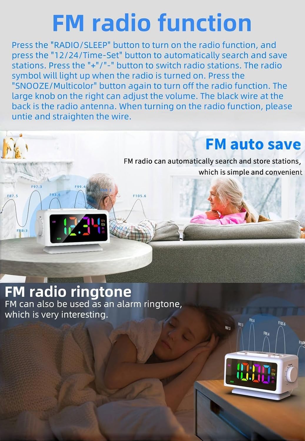 YHFITN RGB Alarm Clock with Perpetual Calendar and FM Radio