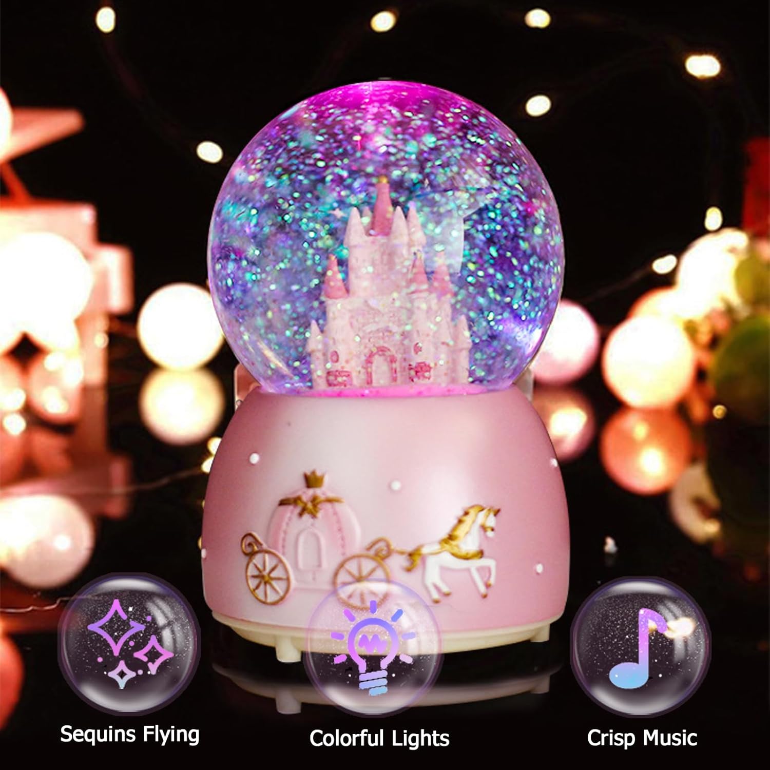 Cevly Castle Snow Globe Music Box with LED Lights Pink