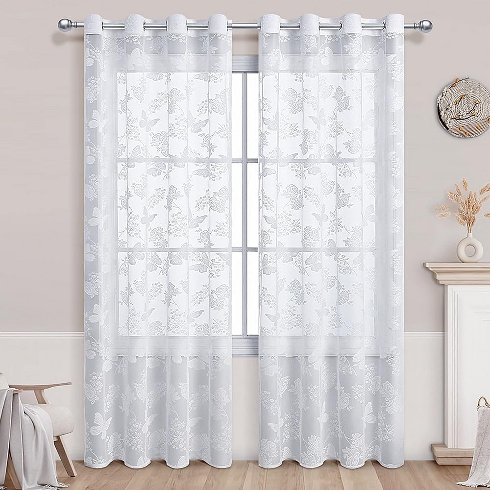White Butterfly Embroidery Sheer Curtain Panel for Door Window Hanging