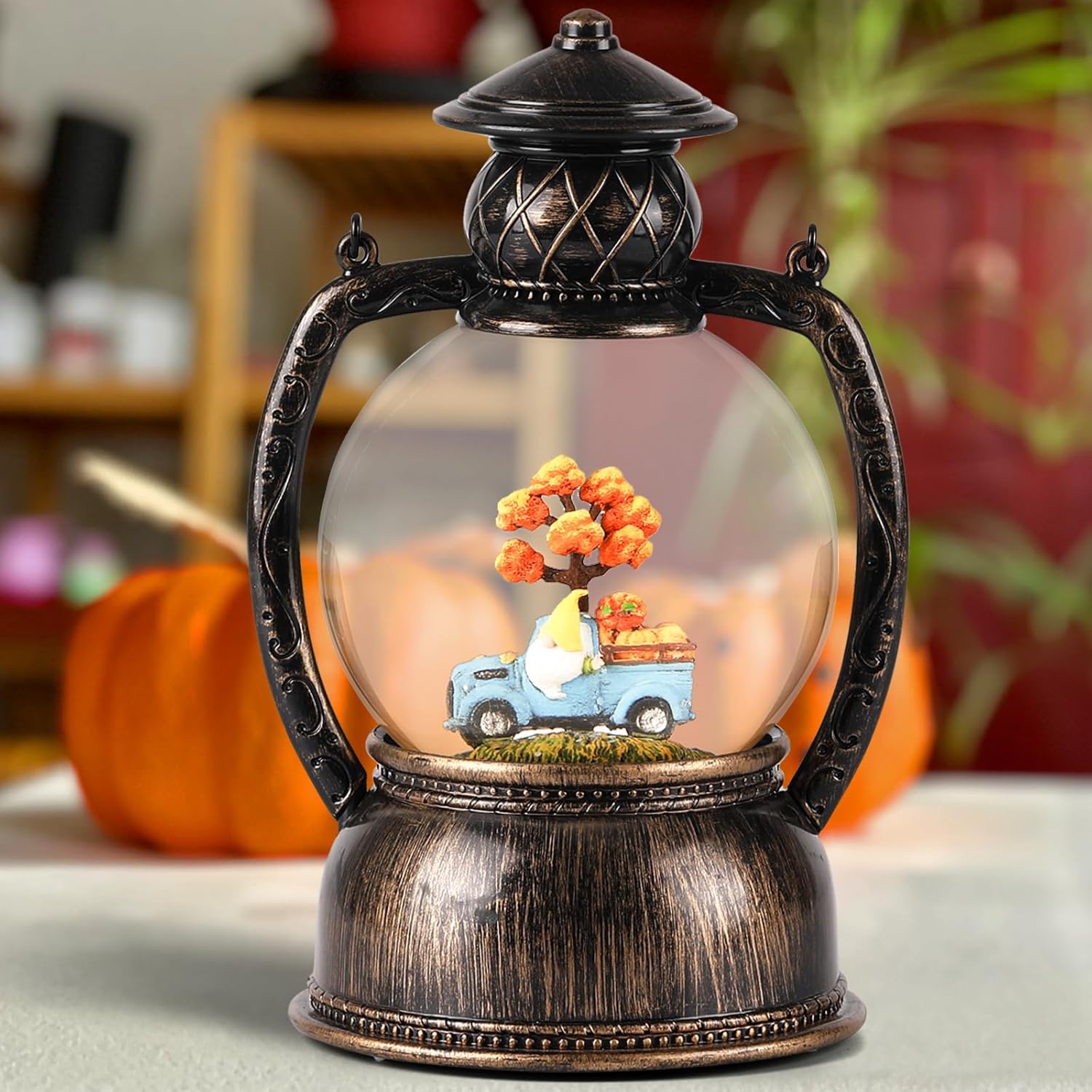 Fall Snow Globes Blue Truck Pumpkin and Gnome Scene Snow Globe Lantern