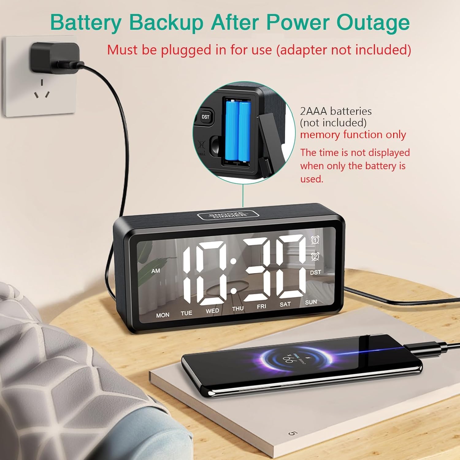 ORIA Wooden Digital Alarm Clock with LED Mirror and Dual Alarms