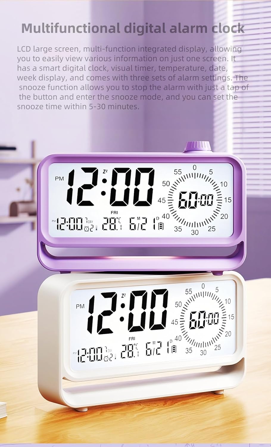 Digital Alarm Clock with Night Light and Timer