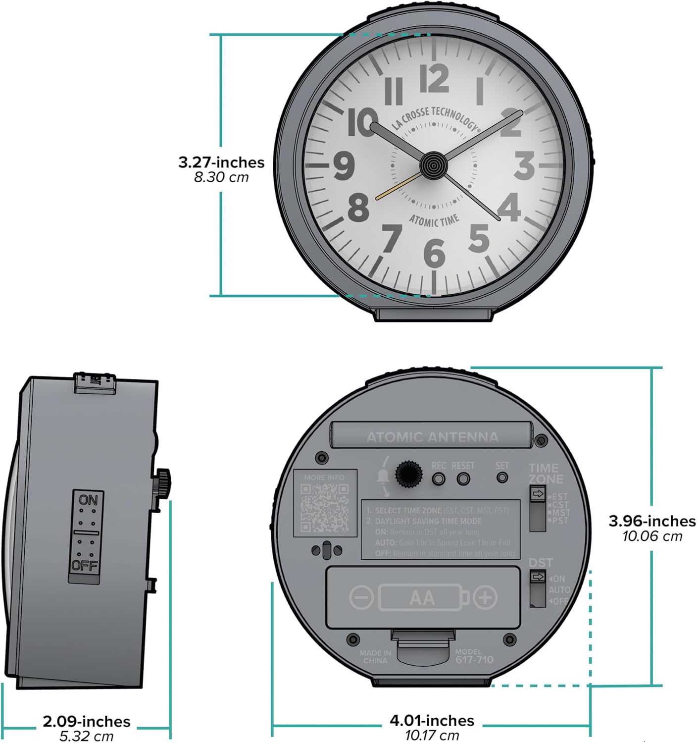 La Crosse Technology Atomic Analog Alarm Clock 4 Inch Round Gray