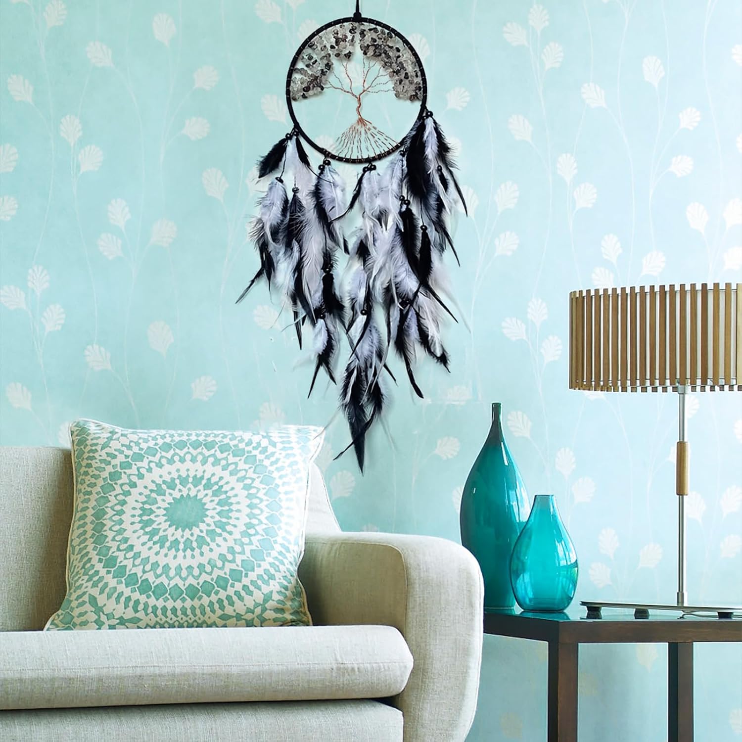 Handmade Dream Catcher Wall Decor with Crystal and Feathers