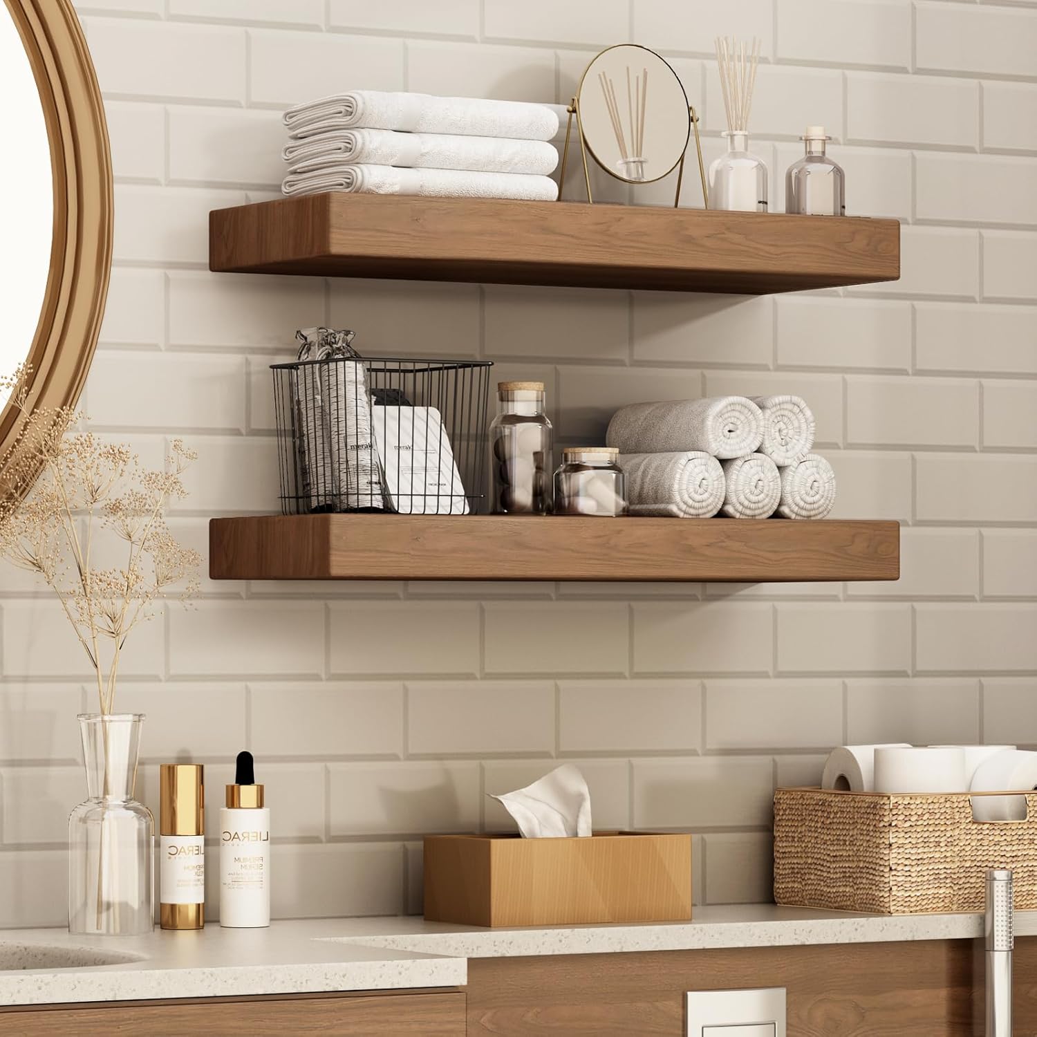 Wide Solid Wooden Floating Shelves 2 Pack Walnut 16 Inch